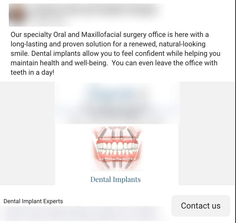 implant ad example with identifying details masked